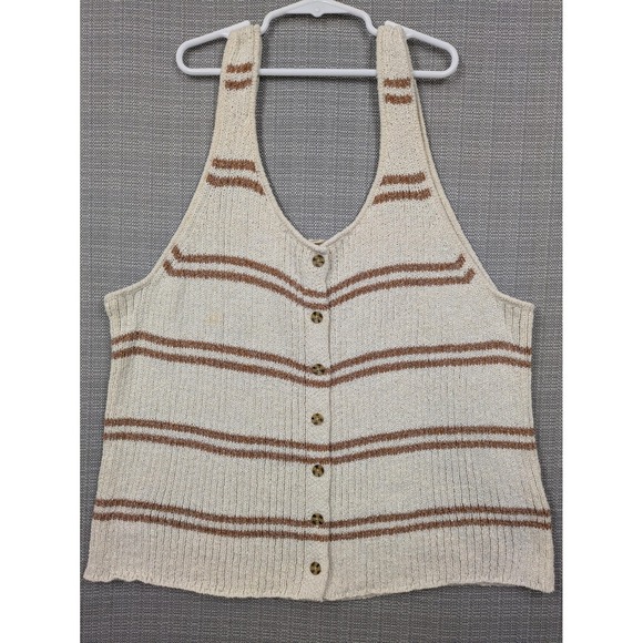 The General Good Sweaters - The General Good Sweater Vest Womens XXL White Brown Stripe Knit Boho
